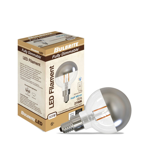 LED Filament 2.5 Watt G16 Light Bulb With A Half Chrome Finish And A Candelabra Screw E12 Base - 2700K (Warm White Light) 200 Lumens - alternate image 2