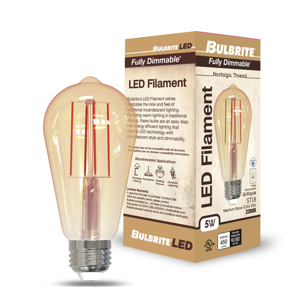 LED Filament 5 Watt ST18 Light Bulb With An Antique Finish And A Medium Screw E26 Base - 2200K (Amber Light) 450 Lumens - alternate image 2