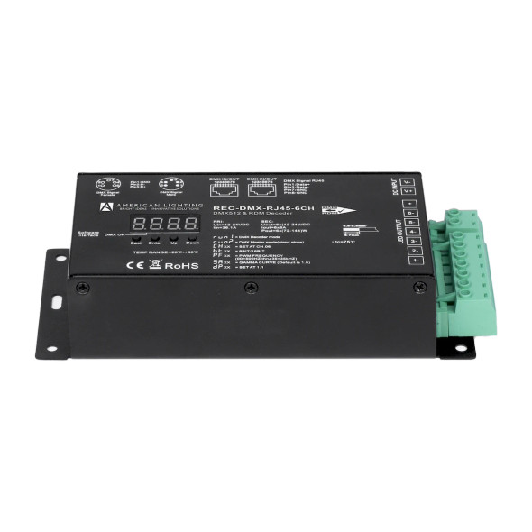 Proluxe 6CH DMX Decoder, RJ45/XLR5/Direct Wire, 12-24VDC, 6x6A Output, Black