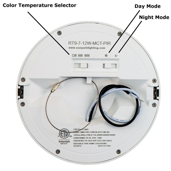 Sunpark Electronics RT9 LED Disk Light, 7", 12W, 120V, 3000K/4000K/5000K, PIR Sensor, White Finish, Semi-Clear Glass