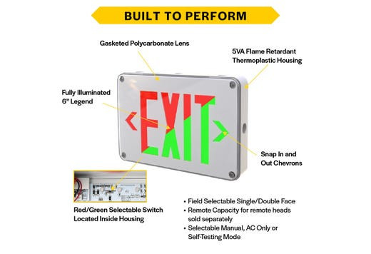 Emergence Wet-Location Exit Sign, White Housing, Field-Selectable Red/Green Legend, Field-Selectable Single/Double Face, Self-Diagnostics, Remote Capacity
