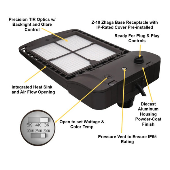 Halco ProLED SekTor Area Light Series G2, Size 1 (60W/80W/100W), Lumen Selectable 9400/12000/15000, CCT Selectable 3000K/4000K/5000K, Type III Installed with Type V Included, Bronze
