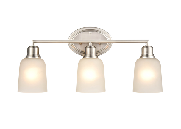 Millennium Lighting Amberle Three Light Vanity, 3-Light, Brushed Nickel, Frosted White Glass, 120V