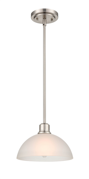 One Light Pendant, Brushed Nickel, Frosted White Glass, 1-Light, Medium (E26), 120V
