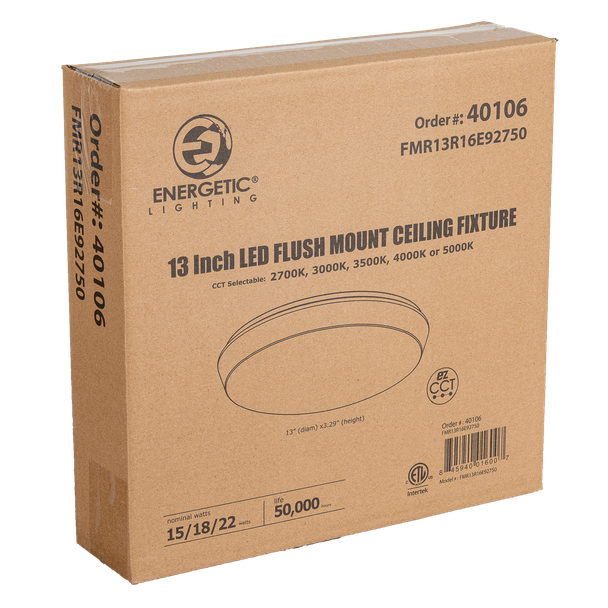 Energetic Lighting FMR Series LED Round Flush Mount, 13", 15W/18W/22W, 1000/1260/1540lm, 120V, 2700K/3000K/3500K/4000K/5000K, 90 CRI, Triac Dimming, White Finish