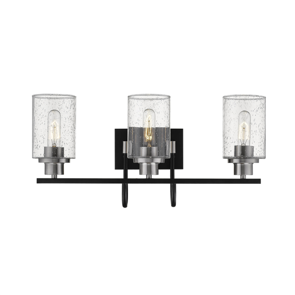 Clifton Three Light Vanity, 3-Light, Matte Black/Brushed Nickel, Clear Seeded Glass, Medium (E26) Base, 120V