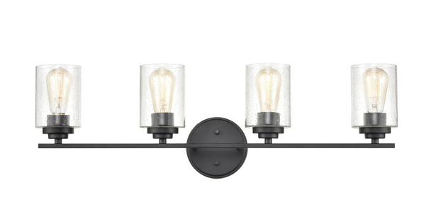 Millennium Lighting 3684 Four Light Vanity, Matte Black, 4-Light, Medium (E26) Base, 120V, Clear Seeded Glass