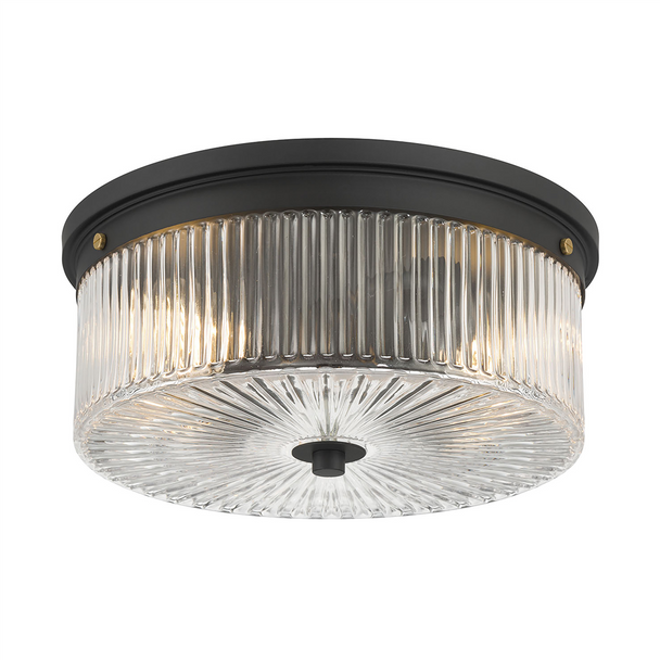 Virette Two Light Flush Mount, 2-Light, Matte Black/Vintage Brass, Clear Striated Glass, 120V