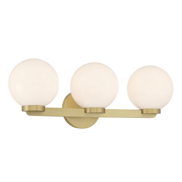 Ardeva Three Light Vanity, Vintage Brass, 3-Light, 120V, 40W per bulb, E12 Candelabra Base, Damp Location