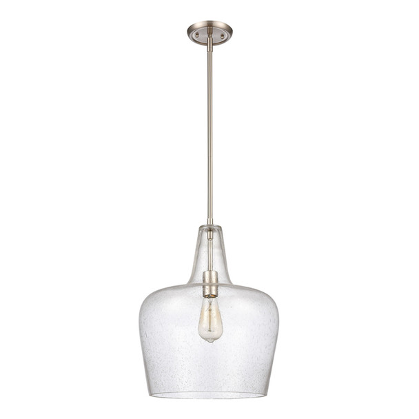 Puckette One Light Pendant, Brushed Nickel, 1-Light, Medium E26 Base, 60W, 120V, Clear Seeded Glass