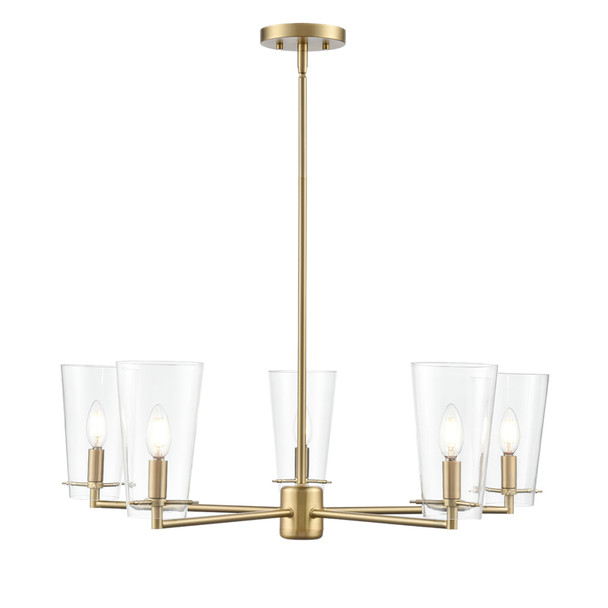 Maccan Five Light Chandelier, 5-Light, Vintage Brass, 120V, 300W Total, E12 Candelabra Base, Clear Glass