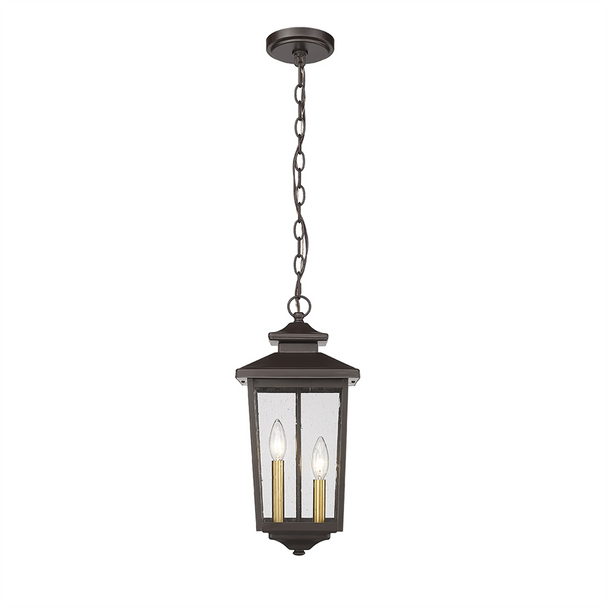 Eldrick One Light Outdoor Hanging Lantern, Powder Coated Bronze, 120V, 2-Candle, 120W Total, Clear Seedy Glass