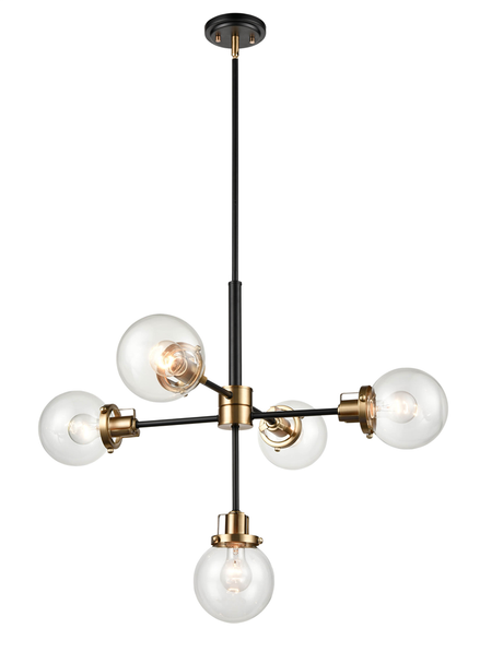 Millennium Lighting Melrosa Five Light Pendant, Matte Black, Modern Gold, Clear Glass, 5 x Medium (E26), 120V