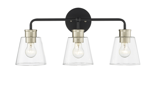 Cameron Three Light Vanity, Matte Black/Modern Gold, 3-Light, Clear Glass, E26 Medium Base, 120V
