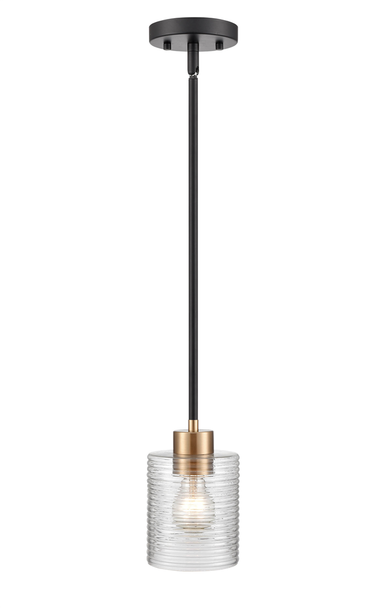 Millennium Lighting Renitta One-Light Mini Pendant, Matte Black/Modern Gold, Clear Ribbed Glass, 120V, 1 x 60W