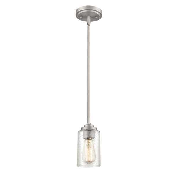 Millennium Lighting Moven One-Light Mini Pendant, Satin Nickel, 1-Light, Medium E26 Base, 100W, 120V, Clear Seeded Glass, Dry Location