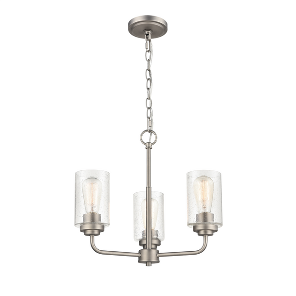 Millennium Lighting Moven Three Light Chandelier, 3-Light, Satin Nickel, Clear Seeded Glass, Medium (E26) Base, 120V