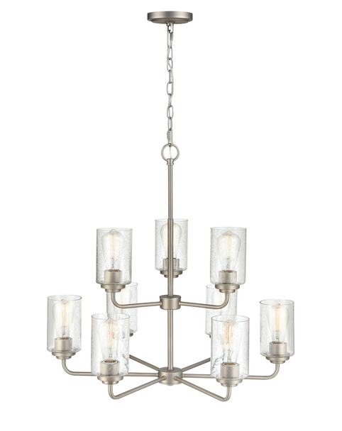 Millennium Lighting Moven 9-Light Chandelier, Satin Nickel, Clear Seeded Glass, 9 x E26 Medium Base, 120V