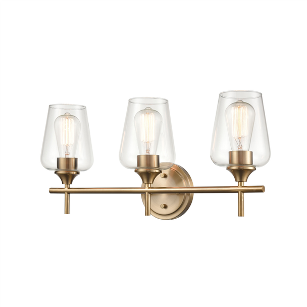 Millennium Lighting Ashford 9703 Three Light Vanity, 3-Light, Medium E26 Base, 120V, Modern Gold, Clear Glass, Damp Location