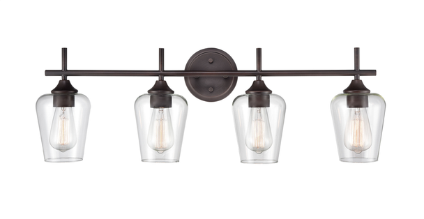 Millennium Lighting 9704 Four Light Vanity, Rubbed Bronze, Clear Glass, 4-Light, E26 Medium Base, 120V