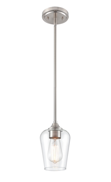 Ashford 9731 One Light Mini-Pendant, Brushed Nickel, 1-Light, Medium E26 Base, 100W, 120V, Clear Glass