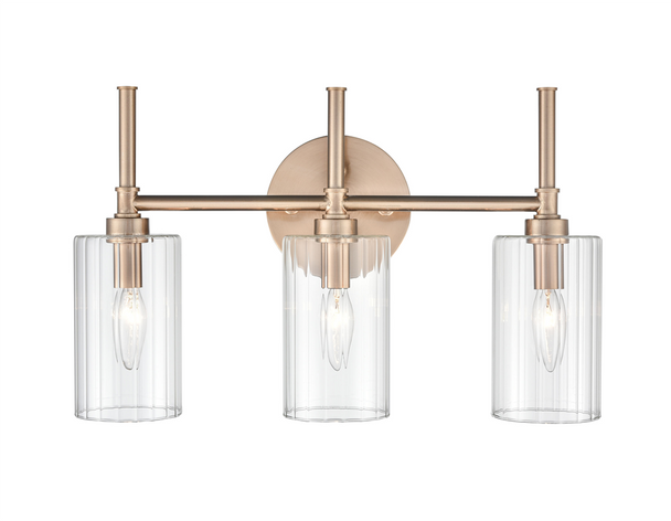 Chastine Three Light Vanity, Modern Gold, 3-Light, 120V, 180W, E12 Candelabra Base, Clear Beveled Glass