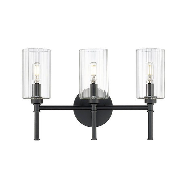 Chastine Three Light Vanity, Matte Black, 3-Light, 120V, 180W Total, E12 Candelabra Base, Clear Beveled Glass