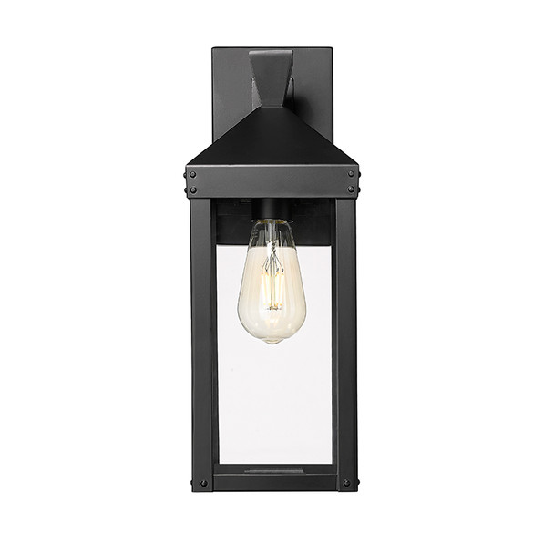 Yates One Light Outdoor Wall Sconce, 1-Light, Medium E26 Base, 60W, 120V, Powder Coated Black, Clear Glass, Wet Location