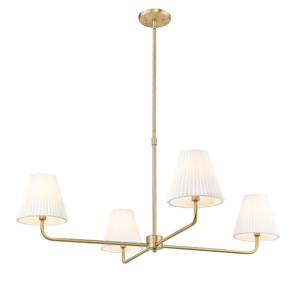 Ami Four Light Chandelier, Vintage Brass, 4-Light, E12 Candelabra Base, 120V, 160W Total, White Fabric Pleated Shades