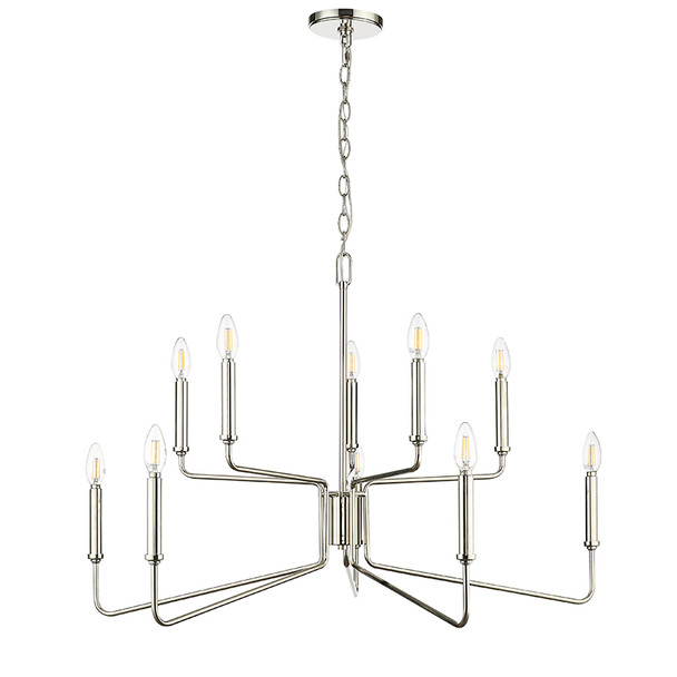 Raven Ten Light Chandelier, Polished Nickel, 10-Candle, E12 Candelabra Base, 120V