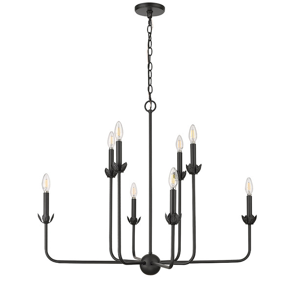 Freesia Eight Light Chandelier, Matte Black, 8-Candle, E12 Candelabra Base, 120V