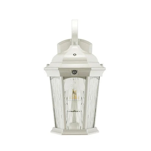 Euri Lighting Outdoor Wall Lantern, Integrated LED, Motion Sensor, Dusk to Dawn, Flame Bulb Included, 12.5W, 120V, 3000K, White Finish
