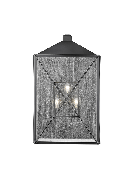 Caswell Three Light Outdoor Wall Sconce, 3-Candle, Powder Coated Black, Clear Seedy Glass, 120V