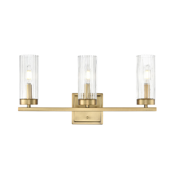 Iversen Three Light Vanity, Vintage Brass, 3-Light, 180W, 120V, E12 Candelabra Base, Clear Reeded Glass