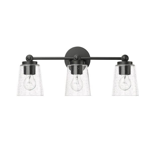 Lauryn Three Light Vanity, 3-Light, Matte Black, Clear Seeded Glass, Medium E26 Base, 120V