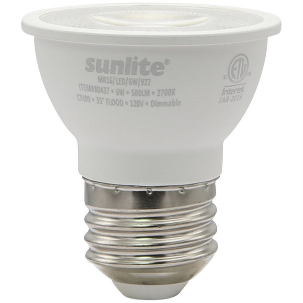 Sunlite MR16 LED Lamp, 6W, 500 Lumens, 2700K, 90 CRI, 120V, E26 Base, 35° Flood, Dimmable
