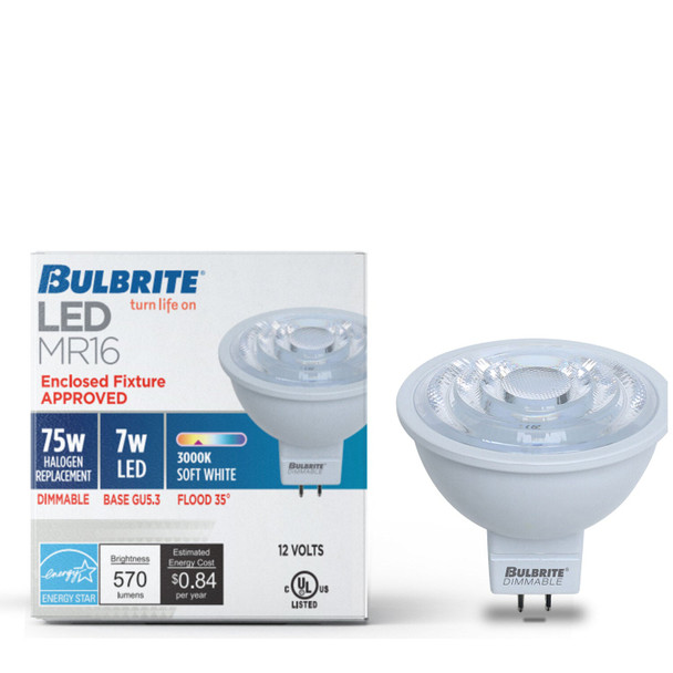 LED MR16 Lamp, 7W, 570lm, 3000K, 90CRI, Flood 40°, Dimmable, GU5.3 Base, JA8 Compliant