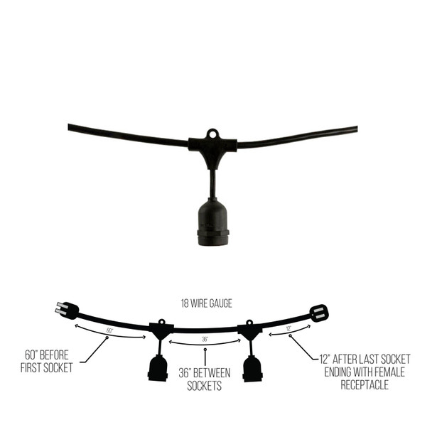 String Lights, 48', 15 Sockets, 36" Spacing, E26, Black, 120V, Wet Rated, Non-Dimming