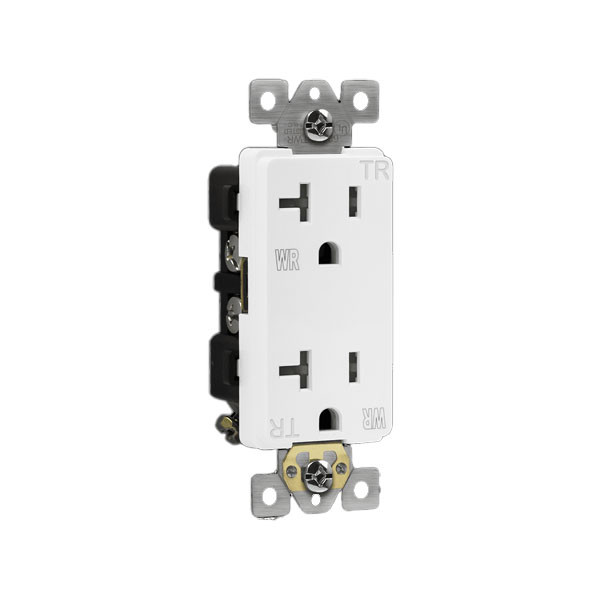 Decorator Self-Grounding Tamper and Weather-Resistant Commercial Grade Receptacle, 20 Amp, 125 VAC, 5-20R, Back Wiring, Thermoplastic, Grey