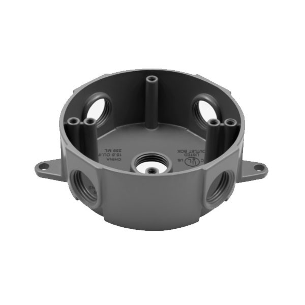 Weatherproof Outlet Box, Round, Die-Cast Metal, 5 Knockouts, 4 Inch Diameter