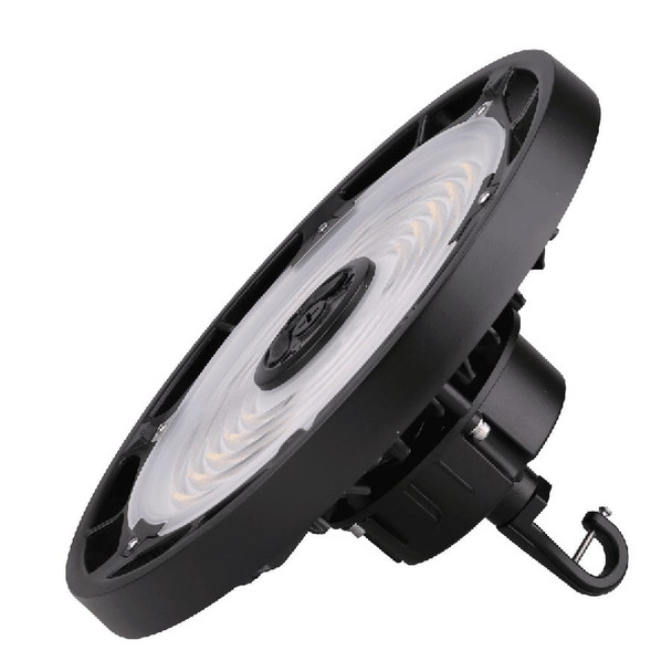 HoverBay Round Highbay, 150W, CCT Selectable, Universal Voltage 120-277 VAC, Black Housing, 6' 120V Cord and L5-15P Plug