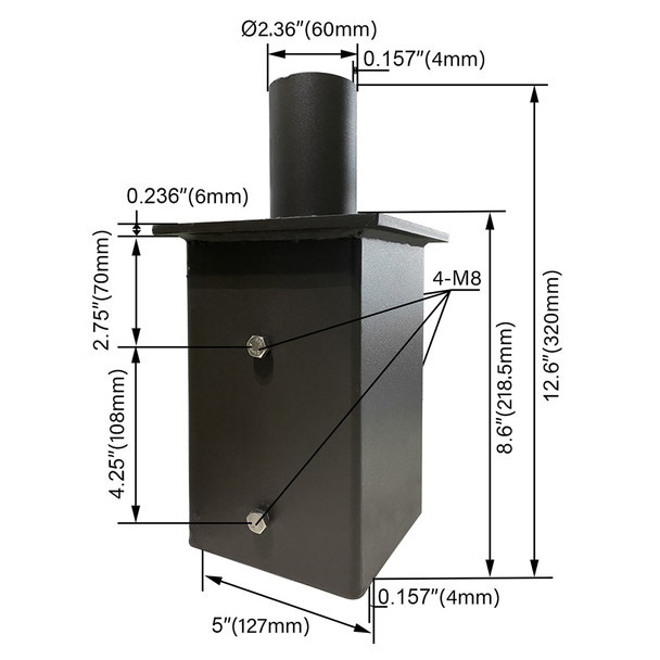 Square Tenon Adaptor 6 inch, Vertical Tenon Steel Tubing