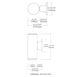 4" Wall Mount Cylinder Up/Down Light, 13W, 80 CRI, 3000K, 3500K, 4000K, White, Black, Silver