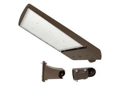 Slim Area Light, 200/250/300W, Type III/IV/V Distribution, CCT Selectable (3000K/4000K/5000K), Bronze Finish, Flexible Arm and Slipfitter included, Controls Ready with 3-pin Twist Lock Receptacle