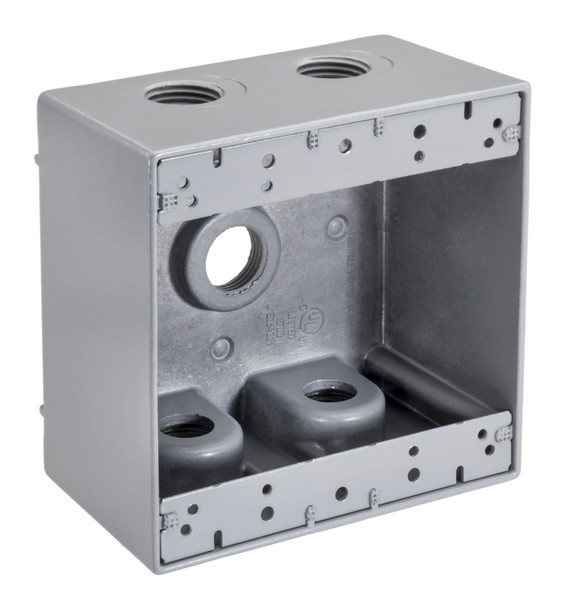Garvin Industries WDB2550 Double Gang 5-Hole Deep Die Cast Aluminum Box, 1/2" Threaded Hub, 40 Cubic Inch Capacity, Gray