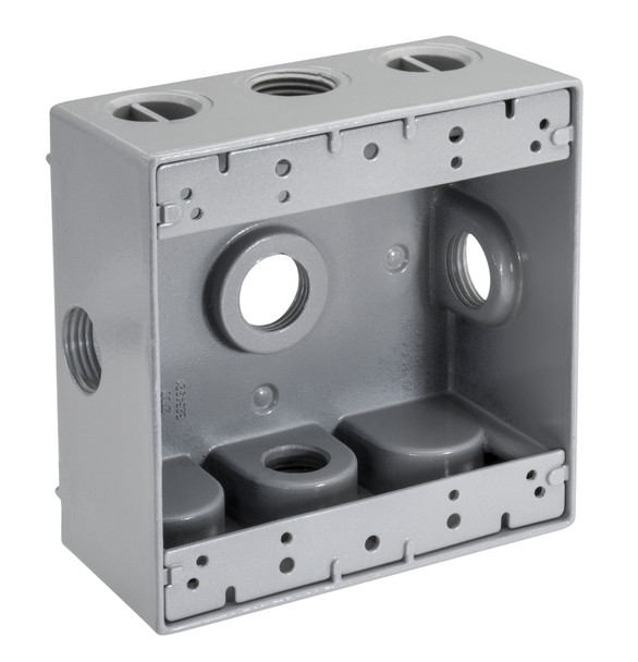 Garvin Industries Die Cast Aluminum Double Gang Box, 5 Hole Side Opening, 1" Threaded Hub, 31 Cubic Inch Capacity, Gray