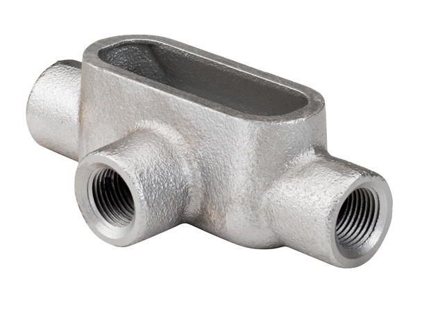 Garvin Industries T Type Form 7 Rigid Conduit Body, 4 Inch, 3 Hubs, 250 MCM Max Wire, 231 in³ Volume, Zinc Plated Gray Iron