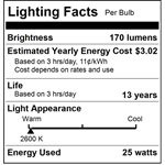 Sunlite 25T6.5 Tubular Incandescent Bulb, 25W, Double Contact Bayonet Base, Frosted, 120V, 2600K, 170lm