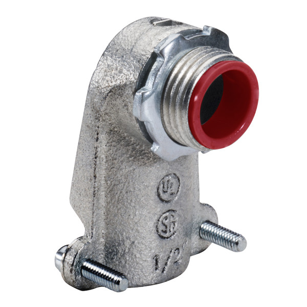 Garvin Industries 101MI, 1/2" Squeeze Type Flexible Conduit Connector, 90 Degree, Malleable Iron, Insulated Throat, Zinc Plated