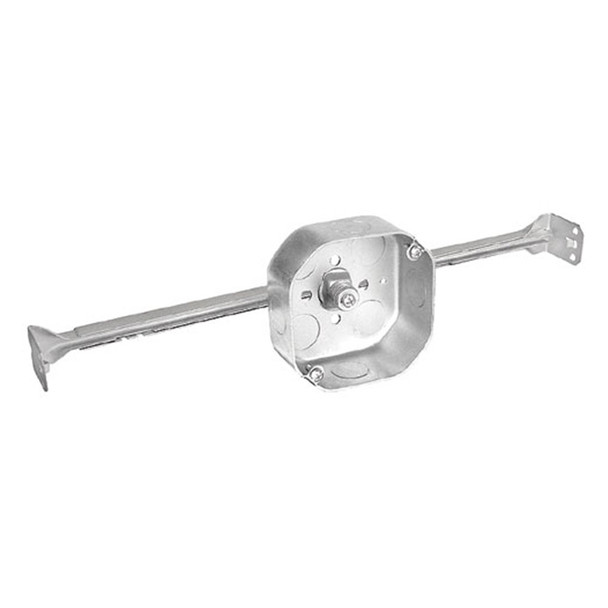 Garvin Industries 4" Octagon Box, 1-1/2" Deep, Drawn, With Conduit Knockouts, Bar Hanger Assembly, Fixture Ears 3-1/2" O.C.